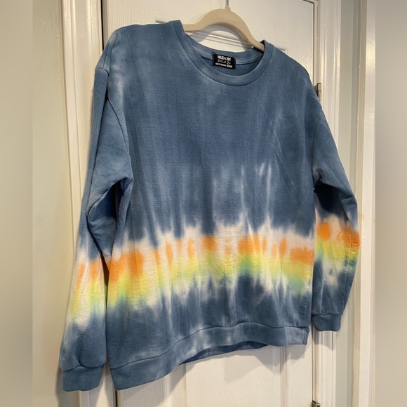 Jolie & Joy Size M Long Sleeve Crew Navy Blue Tie Dye Stripe Terry Sweatshirt - Picture 3 of 10